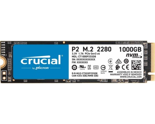 Накопитель SSD M.2 1000Gb PCI-E3.0x4 Crucial P2 CT1000P2SSD8, NVMe, Write 1800MB/s, Read 2400MB/s