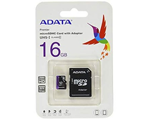 Карта памяти MicroSD 16Gb ADATA AUSDH16GUICL10-RA1 UHS-I U1 class 10 + адаптер SD запись/чтение - до 10/50 Мб/сек