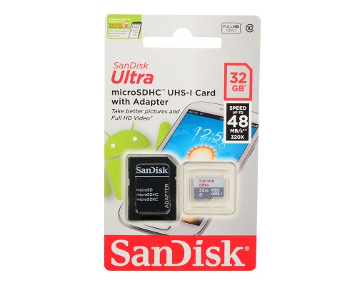 Карта памяти MicroSD 16Gb SanDisk Ultra SDSQUNS-016G-GN3MA UHS-I U1 Class 10 + адаптер SD чтение - до 80 Мб/сек