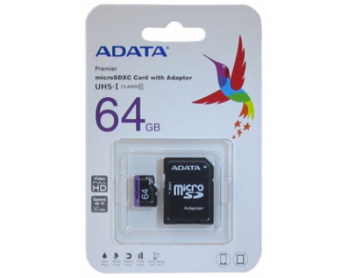 Карта памяти MicroSD 64Gb ADATA AUSDX64GUICL10-RA1 microSDXC UHS-I U1 class 10 + адаптер,  запись/чтение - до 25/85 Мб/сек