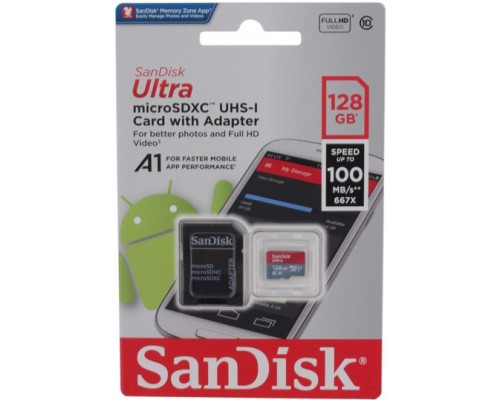 Карта памяти MicroSD 128Gb SanDisk Ultra SDSQUNR-128G-GN6TA MicroSDXC UHS-I U1 Class 10 + адаптер, чтение - до 100 Мб/сек