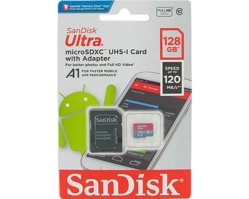 Карта памяти MicroSD 128Gb SanDisk Ultra SDSQUA4-128G-GN6MA MicroSDXC UHS-I Class 10 + адаптер запись/чтение - до 45/120 Мб/сек