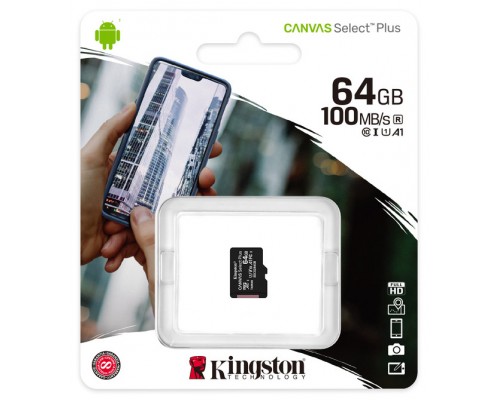 Карта памяти MicroSD 64Gb Kingston Canvas Select Plus SDCS2/64GBSP MicroSDXC UHS-I U1 A1, запись/чтение - до 10/100 Мб/сек
