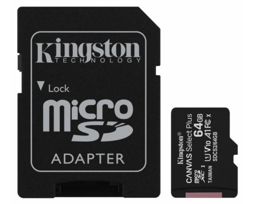 Карта памяти MicroSD 64Gb Kingston Canvas Select Plus SDCS2/64GB MicroSDXC UHS-I U1 A1 + адаптер, запись/чтение - до 10/100 Мб/сек