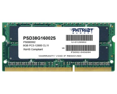 Модуль памяти DDR3 Patriot 8Gb 1600MHz CL11 SO-DIMM 1,5v PSD38G16002S RTL