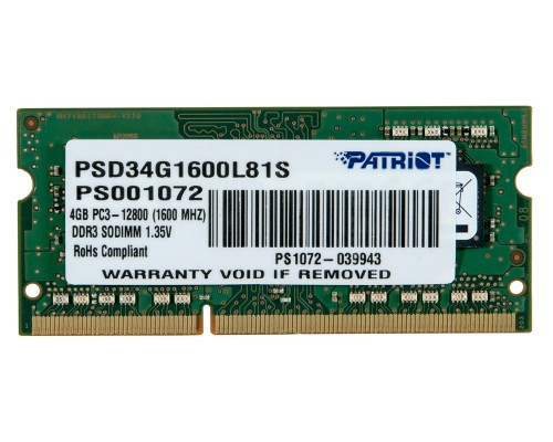 Модуль памяти DDR3 Patriot 4Gb 1600MHz CL11 SO-DIMM 1,35v PSD34G1600L81S RTL