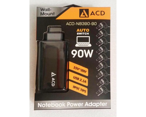 Блок питания для ноутбука ACD 90W AСD-NB390-90 (универсальный автоматический 15-20v, 9 переходников, 1xUSB 2,1A) черный