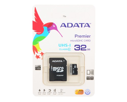 Карта памяти MicroSD 32Gb A-DATA AUSDH32GUICL10-RA1, UHS-I, class 10 + адаптер SD, запись/чтение - до 10/80 Мб/сек