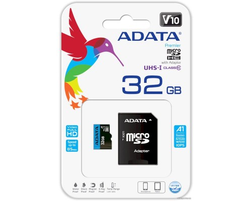 Карта памяти MicroSD 32Gb ADATA AUSDH32GUICL10A1-RA1 UHS-I U1 class 10 + адаптер SD, запись/чтение - до 25/100 Мб/сек