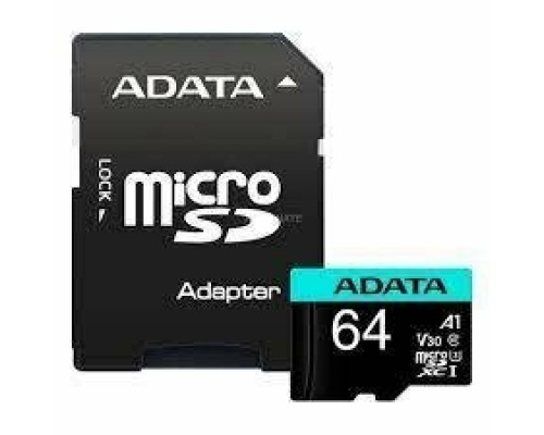Карта памяти MicroSD 64Gb ADATA AUSDX64GUI3V30SA2-RA1 microSDXC UHS-I U3 class 10 + адаптер SD, запись/чтение - до 80/100 Мб/сек