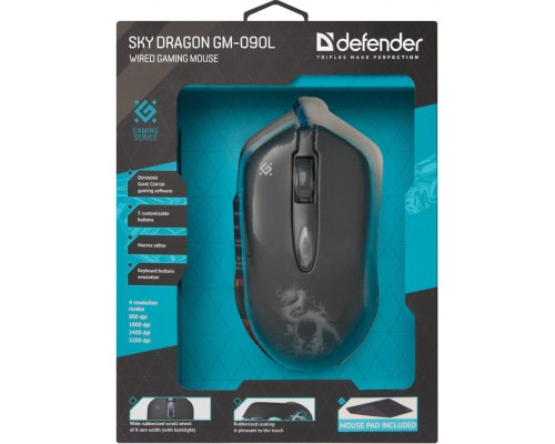 Мышь Defender Sky Dragon GM-090L игровая оптическая 800-3200dpi 6 кнопок переливающаяся подсветка USB черный + коврик в комплекте 220х180мм (52090)