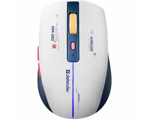 Мышь Defender Dila MM-282 беспроводная игровая оптическая 1800dpi 5+1 кнопок встроенный аккумулятор 500 мАч (до 220 часов) радужная подсветка USB белый+синий (52282)