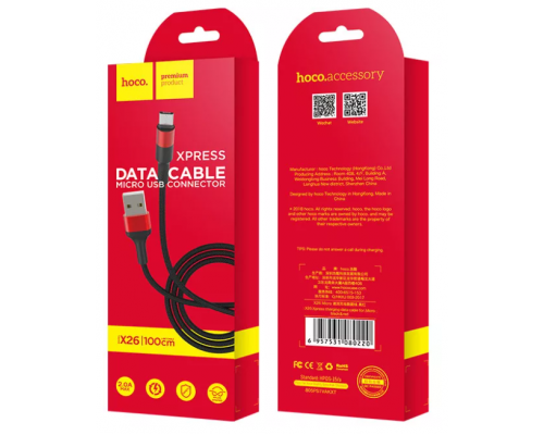 Кабель USB Apple 8pin Lightning Hoco X26, 2.0 A, нейлоновая оплетка, 1м черно-красный