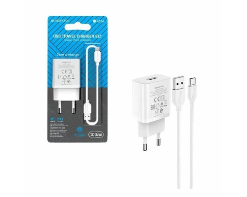 Адаптер питания 220V -> 5V 2100mA Borofone A52A 1xUSB A в комплекте кабель Type-C, белый